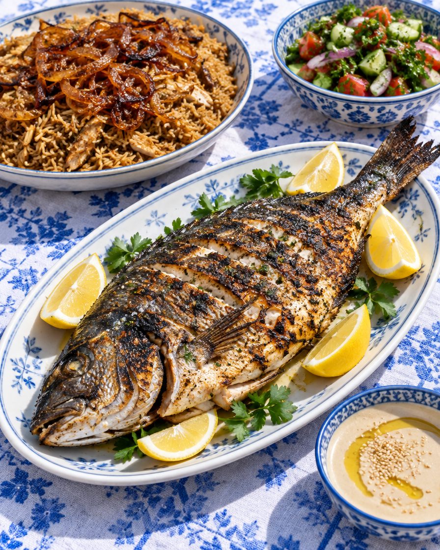 A grilled sea bream with lemon wedges, beside sayadeya rice, salad and tahini on blue-and-white plates