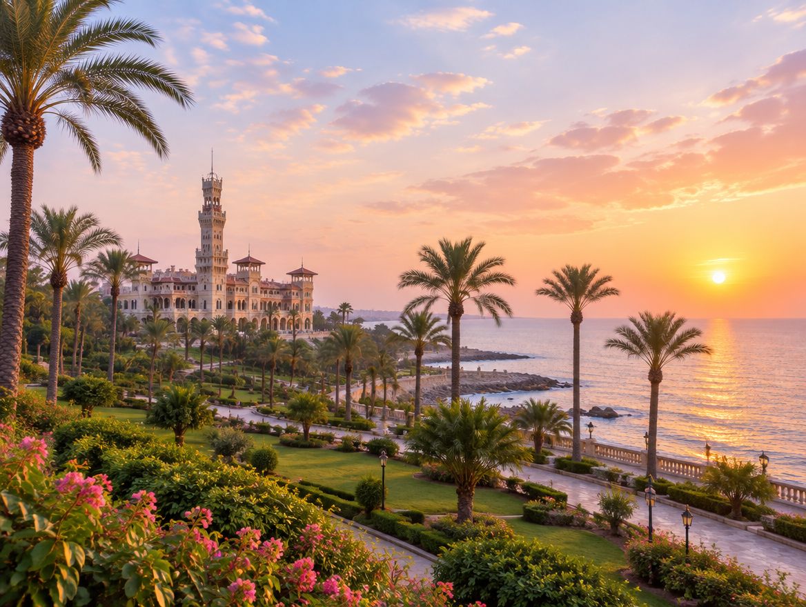 Montaza Palace among palms and gardens as the sun sets over the sea